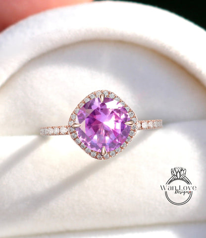 Pink Sapphire & Diamond North South Kite Cushion Halo Engagement Ring Round 14k 18k White Yellow Rose Gold Platinum Custom Wan Love Designs