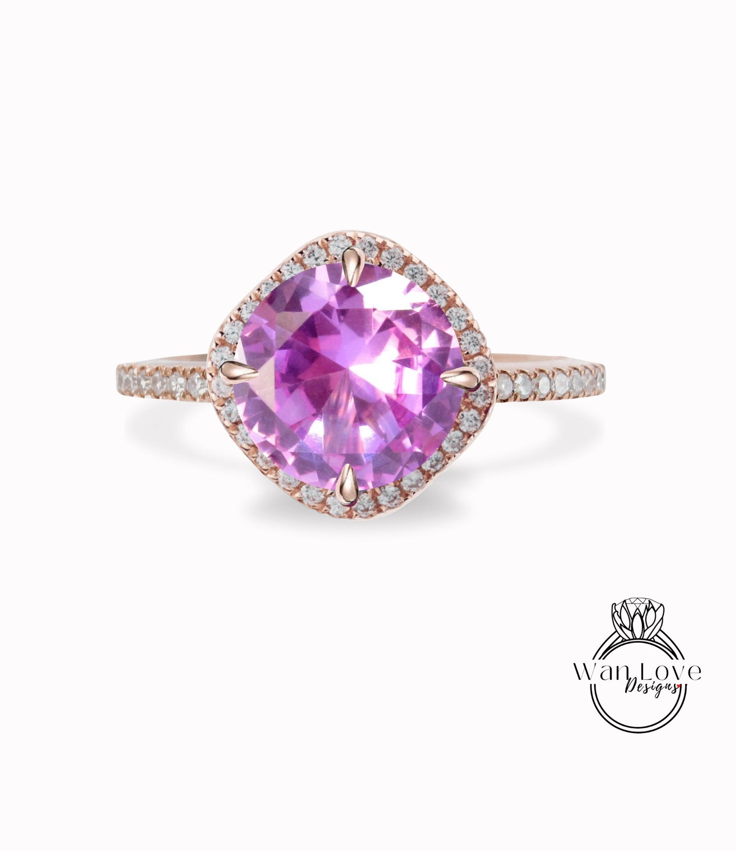 Pink Sapphire & Diamond North South Kite Cushion Halo Engagement Ring Round 14k 18k White Yellow Rose Gold Platinum Custom Wan Love Designs