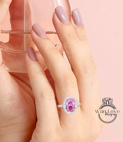 Pink Sapphire & Diamond Oval Halo 3 sided Engagement Ring, 14k 18k White Yellow Rose Gold, Platinum, Wedding, Anniversary Gift Wan Love Designs