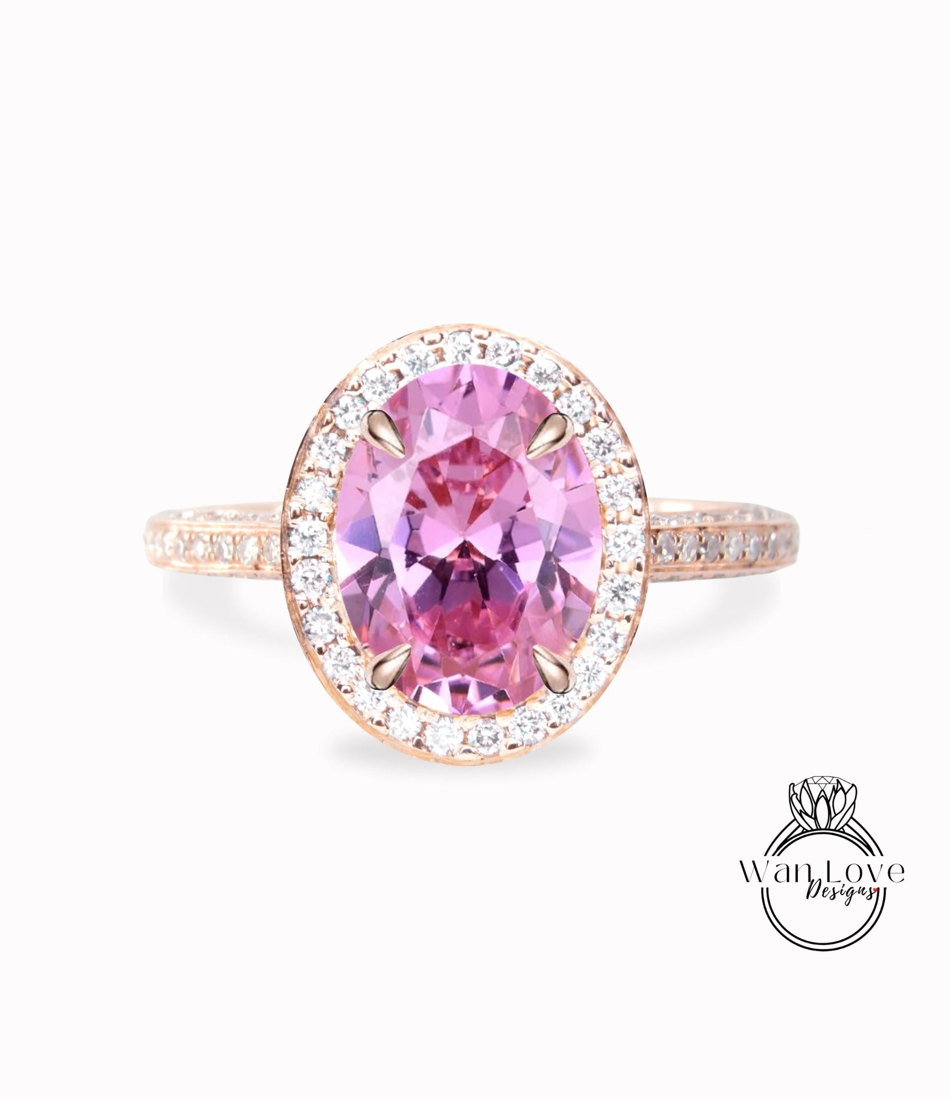 Pink Sapphire & Diamond Oval Halo 3 sided Engagement Ring, 14k 18k White Yellow Rose Gold, Platinum, Wedding, Anniversary Gift Wan Love Designs