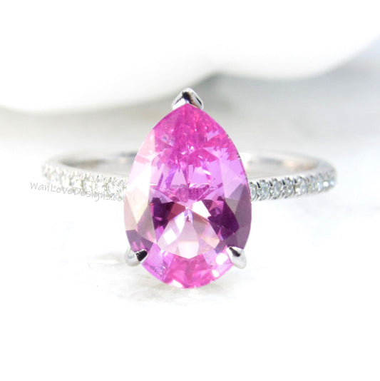 Pink Sapphire & Diamond Pear Engagement Ring, Cathedral Basket, 14k-18k-White Yellow Rose Gold-Platinum-Custom-Wedding, WanLoveDesigns Wan Love Designs