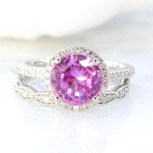 Pink Sapphire & Diamond Round Halo Engagement Ring, Scalloped Wedding Band, 2ct 8mm White Gold,Custom, Anniversary-Ready to Ship Wan Love Designs