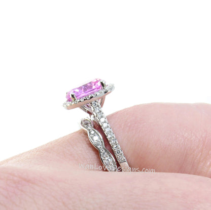 Pink Sapphire & Diamond Round Halo Engagement Ring, Scalloped Wedding Band, 2ct 8mm White Gold,Custom, Anniversary-Ready to Ship Wan Love Designs