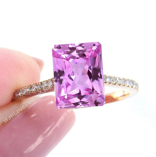 Pink Sapphire Diamonds Emerald Cathedral Engagement Ring Custom Wedding Anniversary 14kt 18kt Gold, Platinum, WanLoveDesigns Wan Love Designs
