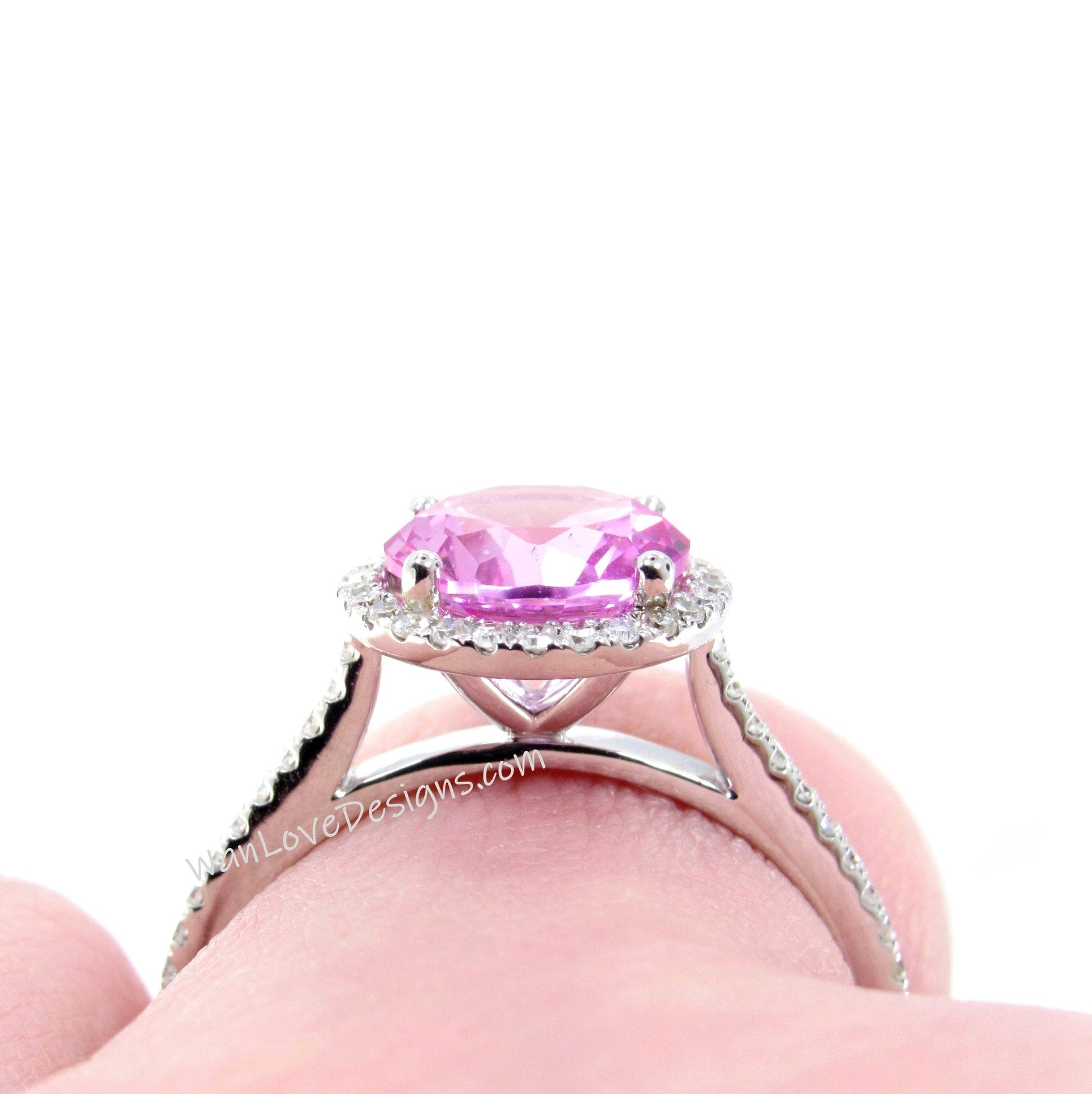 Pink Sapphire & Diamonds Round Halo Cathedral Engagement Ring, 2ct 8mm, White Gold, Wedding, Anniversary Gift, Ready to ship Wan Love Designs