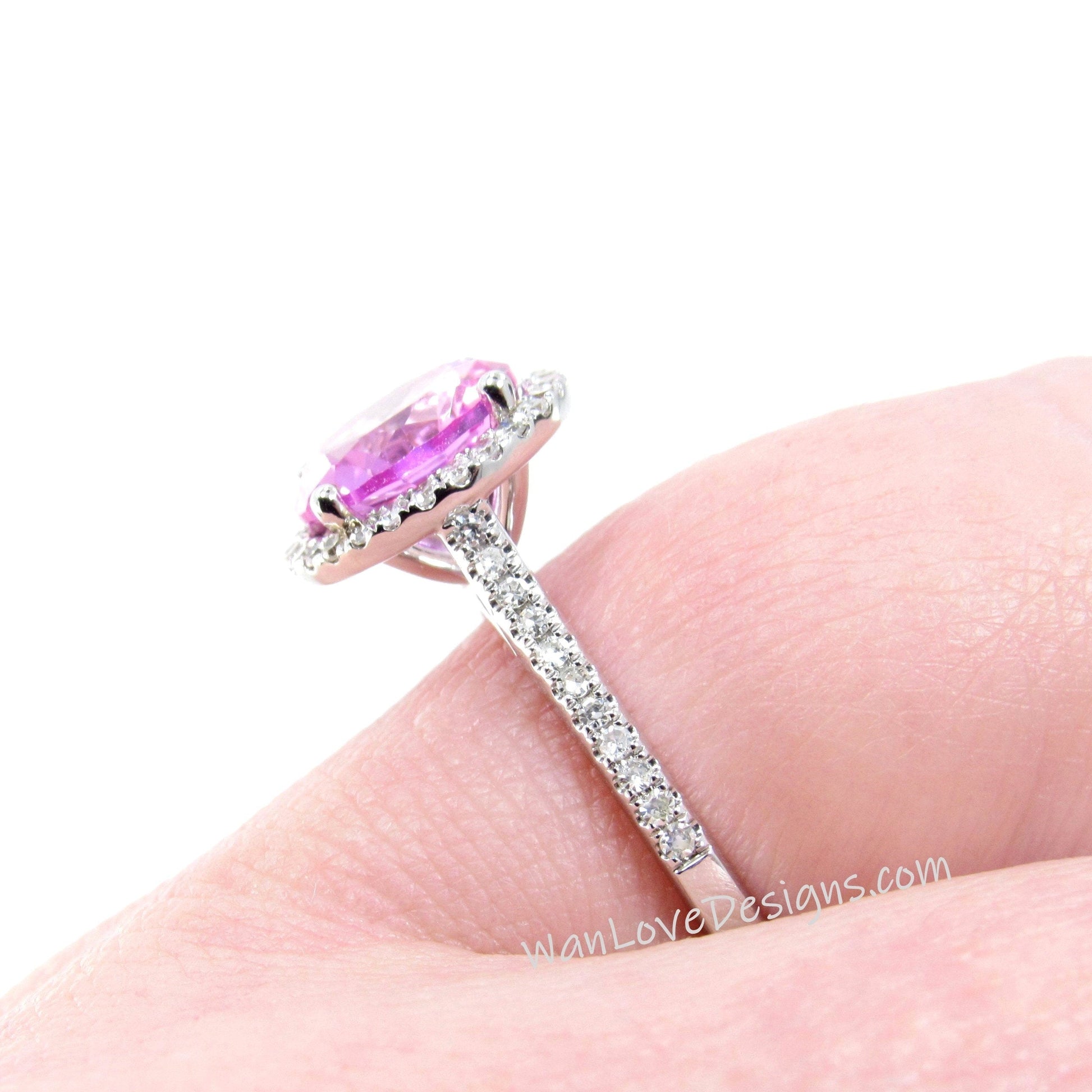 Pink Sapphire & Diamonds Round Halo Cathedral Engagement Ring, 2ct 8mm, White Gold, Wedding, Anniversary Gift, Ready to ship Wan Love Designs
