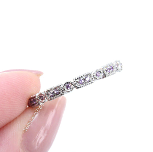Pink Sapphire Milgrain Filigree Art Deco style Full Eternity Stack Wedding Band-Engagement Ring-Anniversary-Silver Rhodium-Ready to ship Wan Love Designs