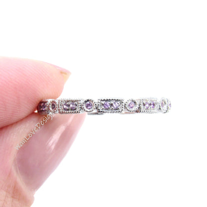 Pink Sapphire Milgrain Filigree Art Deco style Full Eternity Stack Wedding Band-Engagement Ring-Anniversary-Silver Rhodium-Ready to ship Wan Love Designs