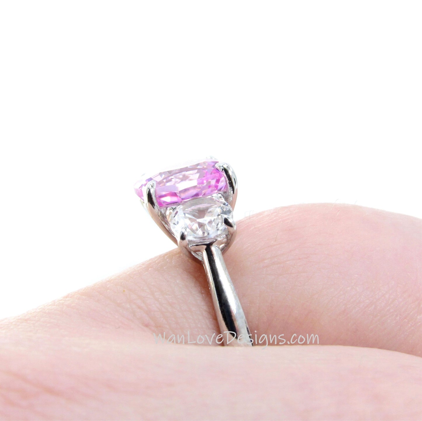 Pink Sapphire Moissanite 3 Gem Stone Engagement Ring,Cushion,Round,3ct 8mm 1ct 6mm,Custom,Wedding,Anniversary,14k 18k White Rose Yellow Gold Wan Love Designs