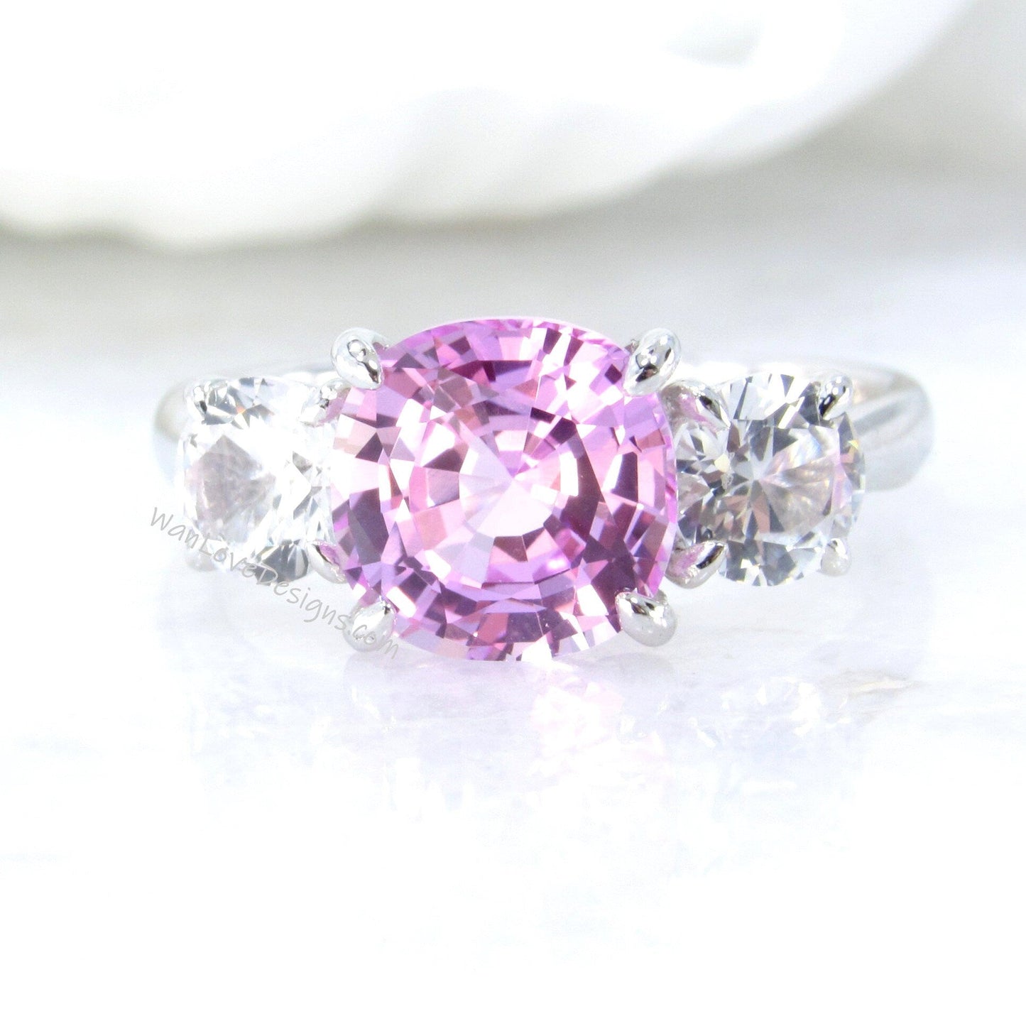 Pink Sapphire Moissanite 3 Gem Stone Engagement Ring,Cushion,Round,3ct 8mm 1ct 6mm,Custom,Wedding,Anniversary,14k 18k White Rose Yellow Gold Wan Love Designs