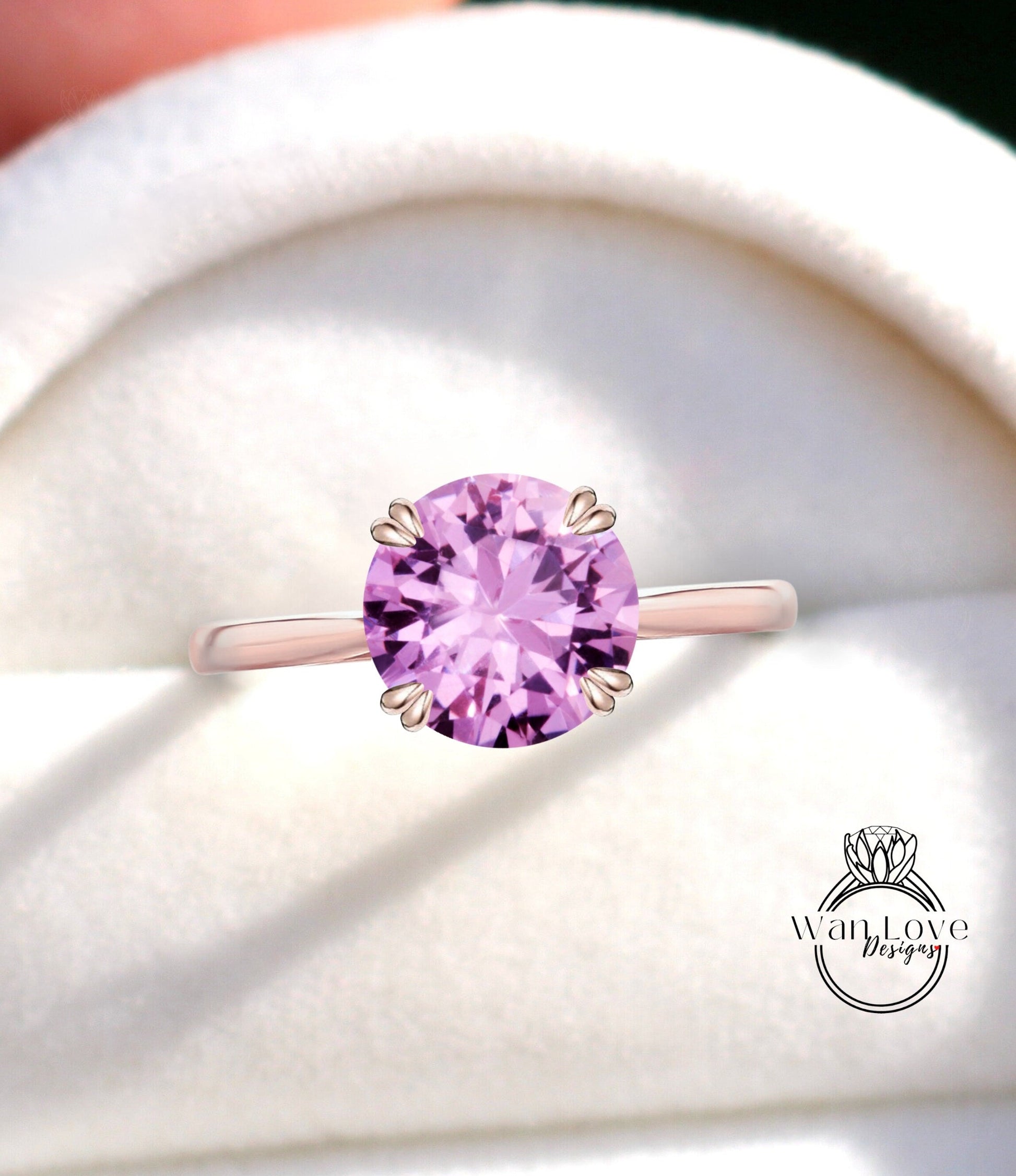Pink Sapphire Round Solitaire 4 Double Prongs Engagement Ring, Custom, Wedding, Anniversary Gift, Cathedral, Commitment, WanLoveDesigns Wan Love Designs
