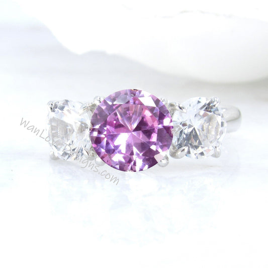 Pink & White Sapphire Moissanite 3 Stone Round Engagement Ring 14k 18k White Yellow Rose Gold Platinum Custom Anniversary Wan Love Designs