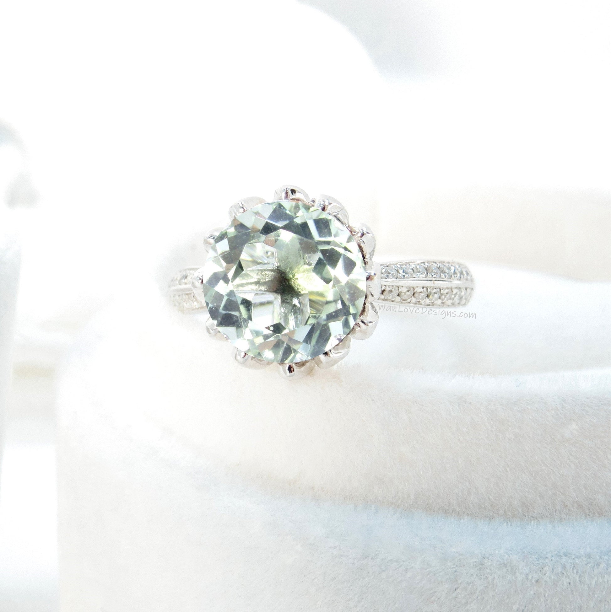 Prasiolite Green Amethyst & Diamond Lotus Flower Engagement Ring, Round, 14k 18k White Yellow Rose Gold, Platinum, Custom, Wedding Wan Love Designs