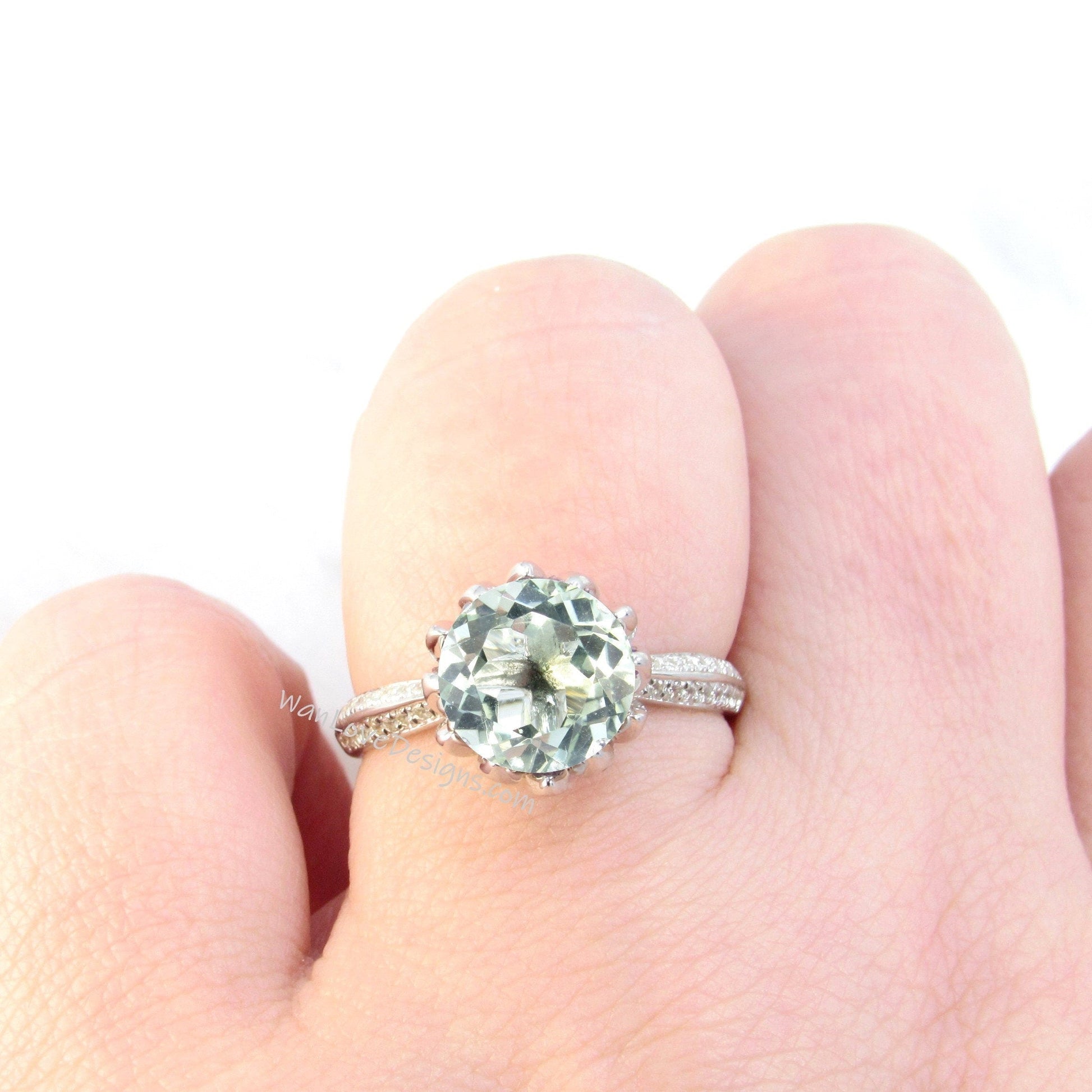 Prasiolite Green Amethyst & Diamond Lotus Flower Engagement Ring, Round, 14k 18k White Yellow Rose Gold, Platinum, Custom, Wedding Wan Love Designs