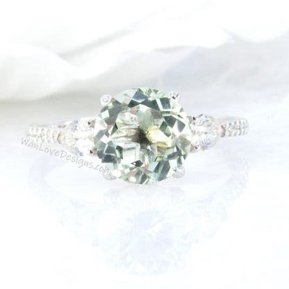 Prasiolite Green Amethyst Diamond Ring, Three Stone Moissanite Ring, Round amethyst engagement Ring, Diamond Band Ring Wan Love Designs