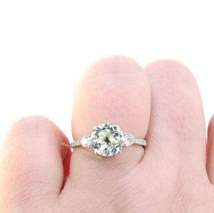 Prasiolite Green Amethyst Diamond Ring, Three Stone Moissanite Ring, Round amethyst engagement Ring, Diamond Band Ring Wan Love Designs
