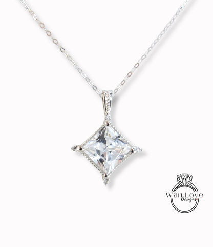 Collana con pendente Milgrain, principessa North Star, zaffiro rosa, bianco, blu, 3 ct, moissanite, smeraldo, regalo personalizzato per l'anniversario di matrimonio