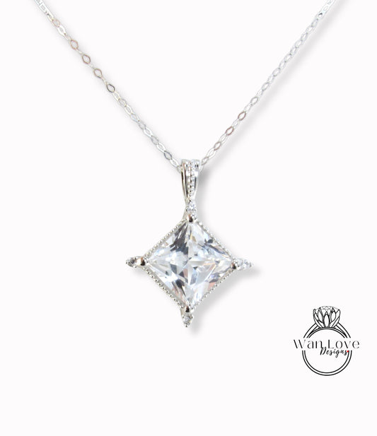 White Blue Pink Sapphire Moissanite Emerald Diamonds Princess North Star Milgrain Pendant Necklace Custom Wedding Anniversary Gift