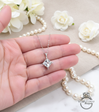 White Blue Pink Sapphire Moissanite Emerald Diamonds Princess North Star Milgrain Pendant Necklace Custom Wedding Anniversary Gift