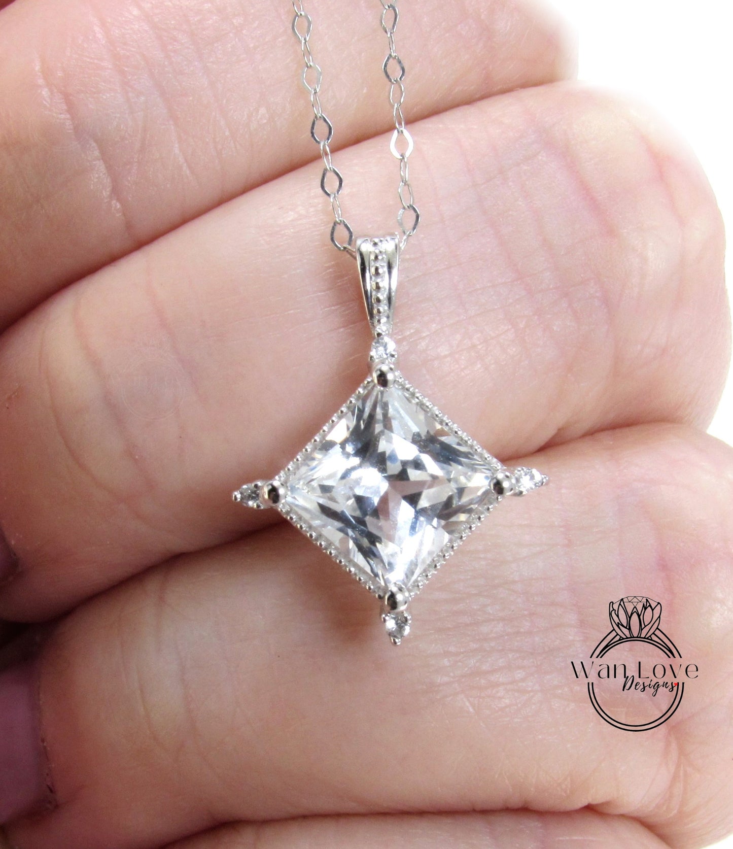 Collana con pendente Milgrain, principessa North Star, zaffiro rosa, bianco, blu, 3 ct, moissanite, smeraldo, regalo personalizzato per l'anniversario di matrimonio