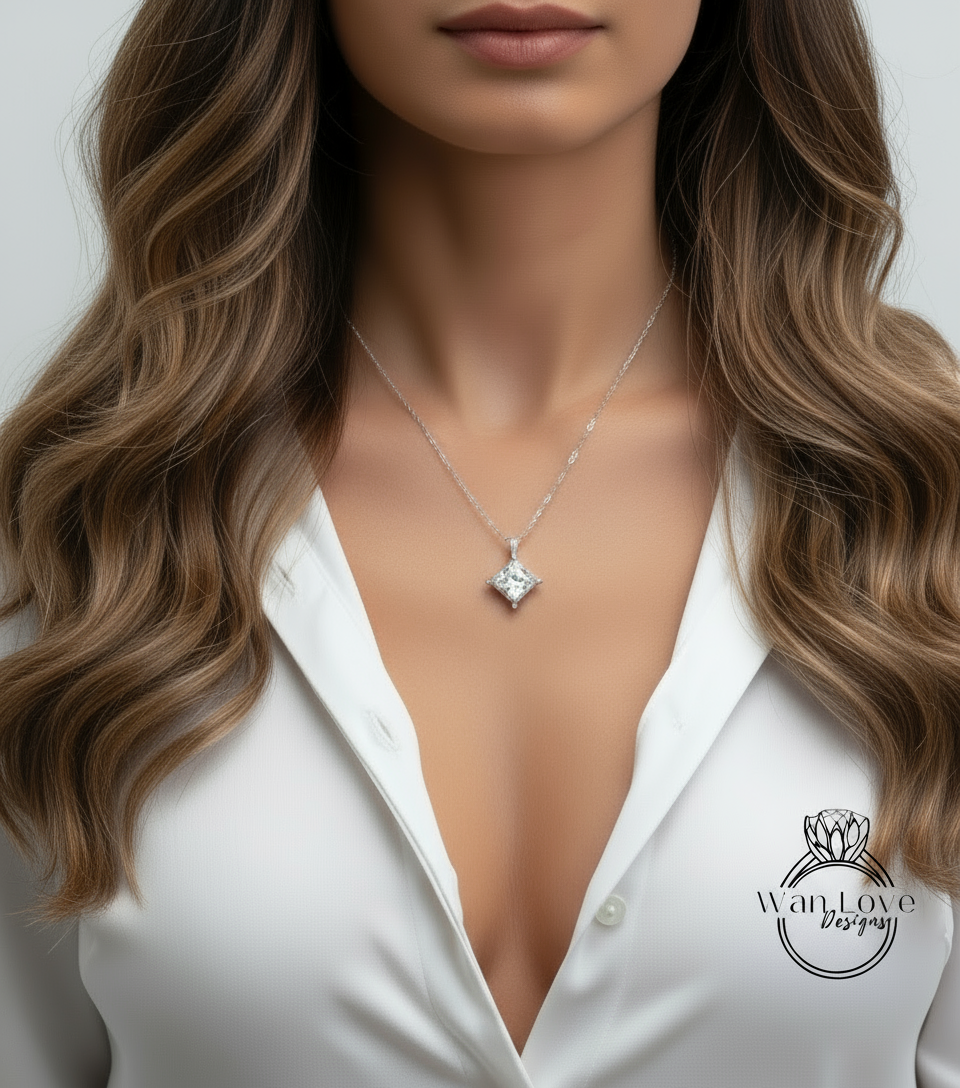 White Blue Pink Sapphire Moissanite Emerald Diamonds Princess North Star Milgrain Pendant Necklace Custom Wedding Anniversary Gift