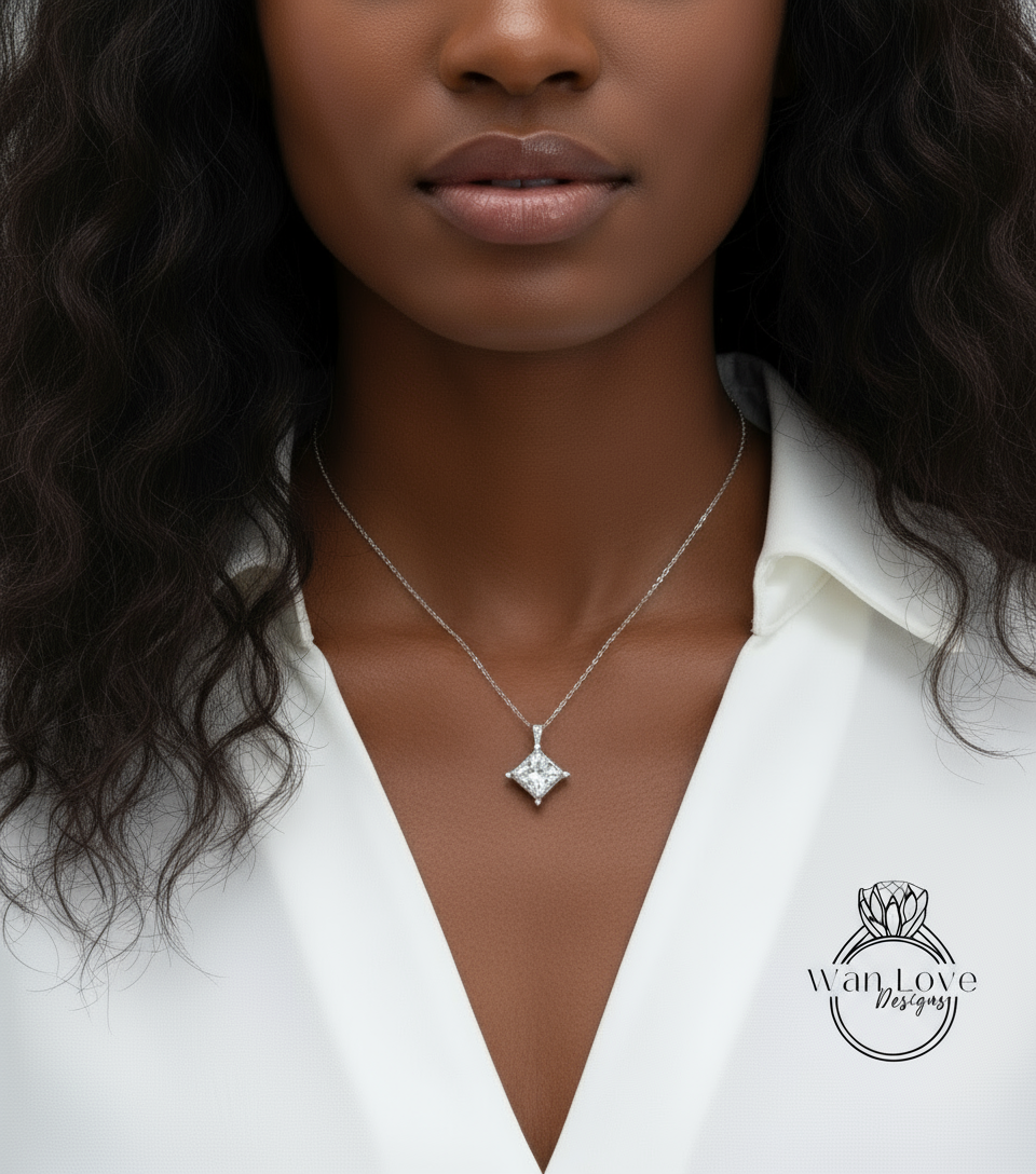 White Blue Pink Sapphire Moissanite Emerald Diamonds Princess North Star Milgrain Pendant Necklace Custom Wedding Anniversary Gift