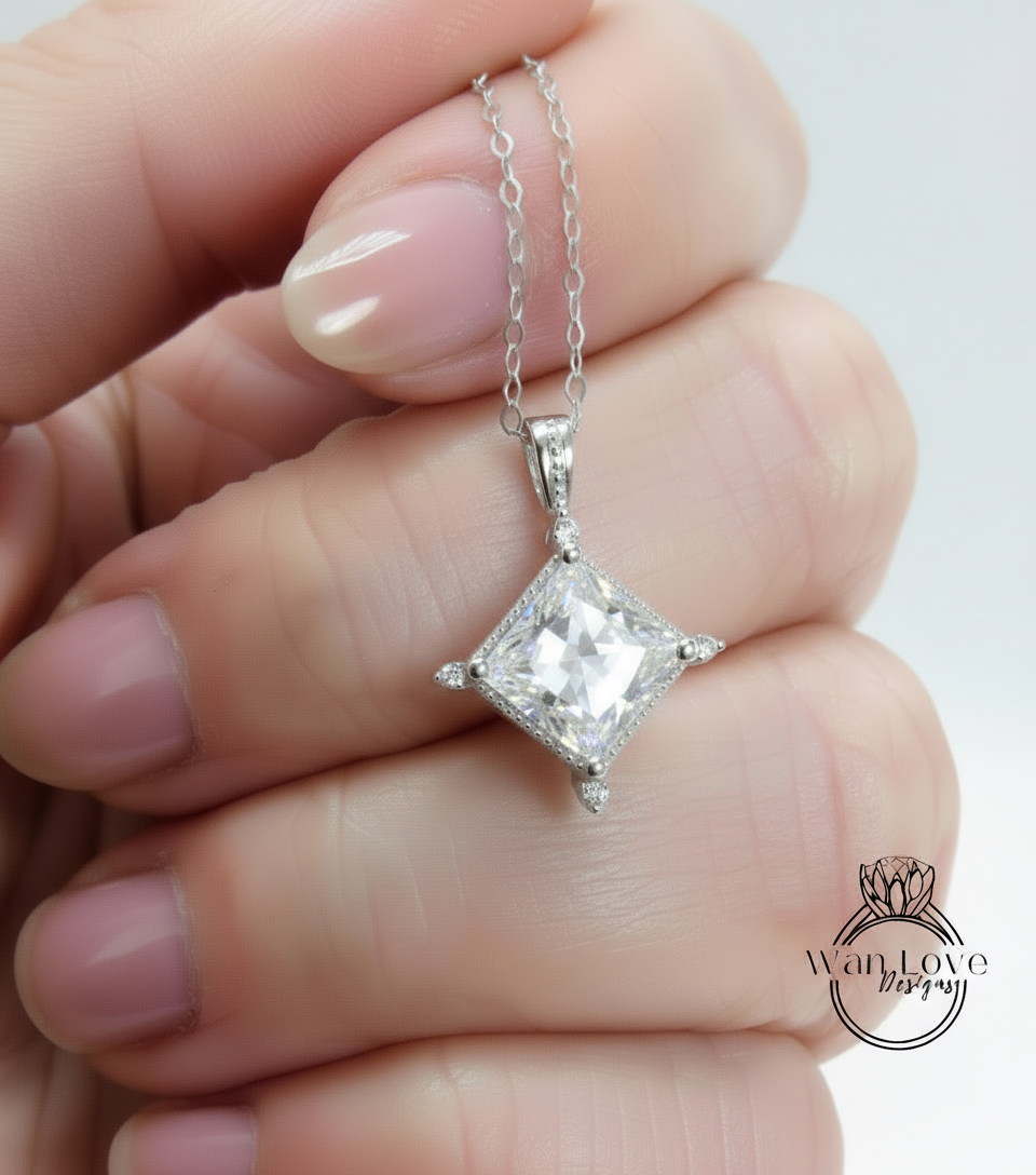 White Blue Pink Sapphire Moissanite Emerald Diamonds Princess North Star Milgrain Pendant Necklace Custom Wedding Anniversary Gift