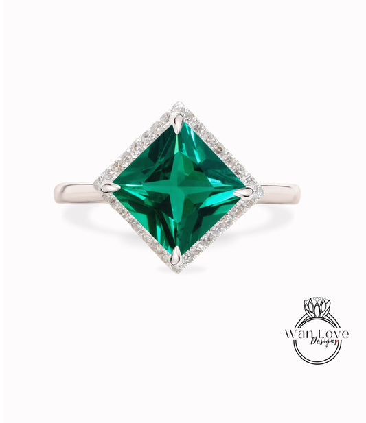 Kite Diamond halo Ring, Emerald Diamond Ring, Geometric Engagement Ring, Kite Plain Band Green Gemstone Ring