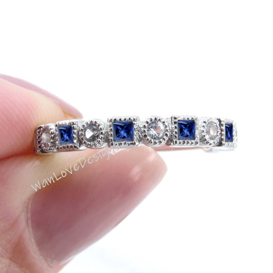 Princess Almost Eternity Blue Sapphire Ring • Diamond 3/4 Eternity Ring • Engagement Ring • Anniversary Ring • Birthstone Gift Wan Love Designs