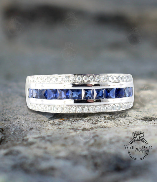 Princess cut Sapphire and Diamond Men's Ring in 14k White Gold | Sapphire Mens Ring | Mans Wedding Ring | Birthstone Ring Gifts For Him Wan Love Designs