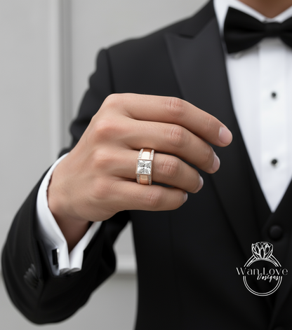 Moissanite Diamond Mens Ring, 14k white gold diamond men's ring, 2 row mans diamond ring, Modern gemstone ring, 14K White Gold, Wedding Band