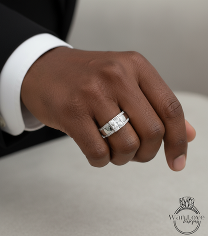 Moissanite Diamond Mens Ring, 14k white gold diamond men's ring, 2 row mans diamond ring, Modern gemstone ring, 14K White Gold, Wedding Band