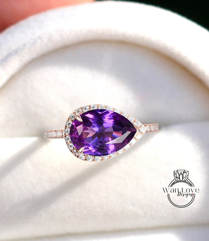 Purple Alexandrite Color Change Sapphire & Diamond East West Pear Halo Emerald Engagement Ring, Custom-14kt 18kt Gold-Platinum-Wedding Wan Love Designs