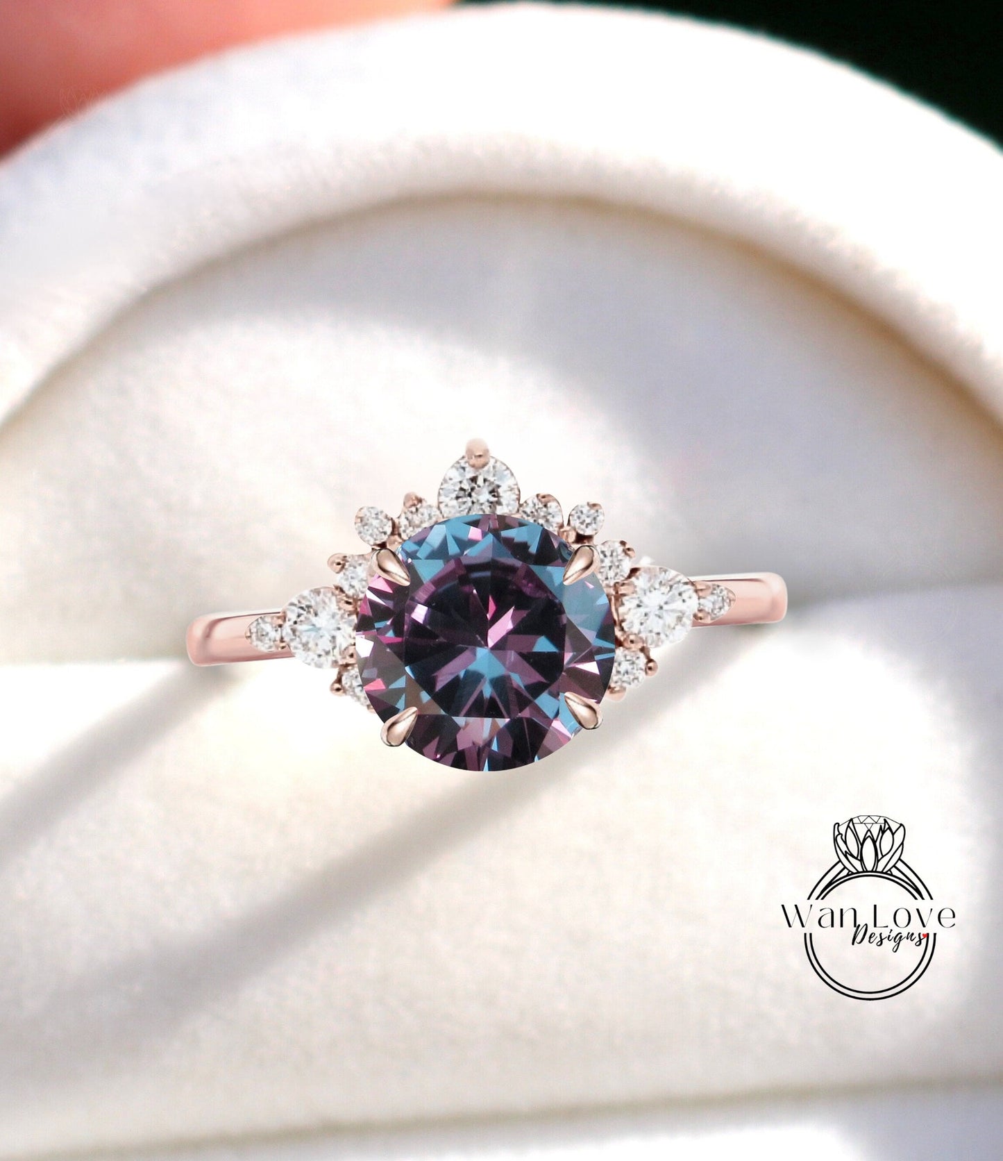 Purple Alexandrite Sapphire Cluster Half Halo engagement ring Diamonds Unique cluster White Rose Gold Ring woman Promise Anniversary Gift Wan Love Designs