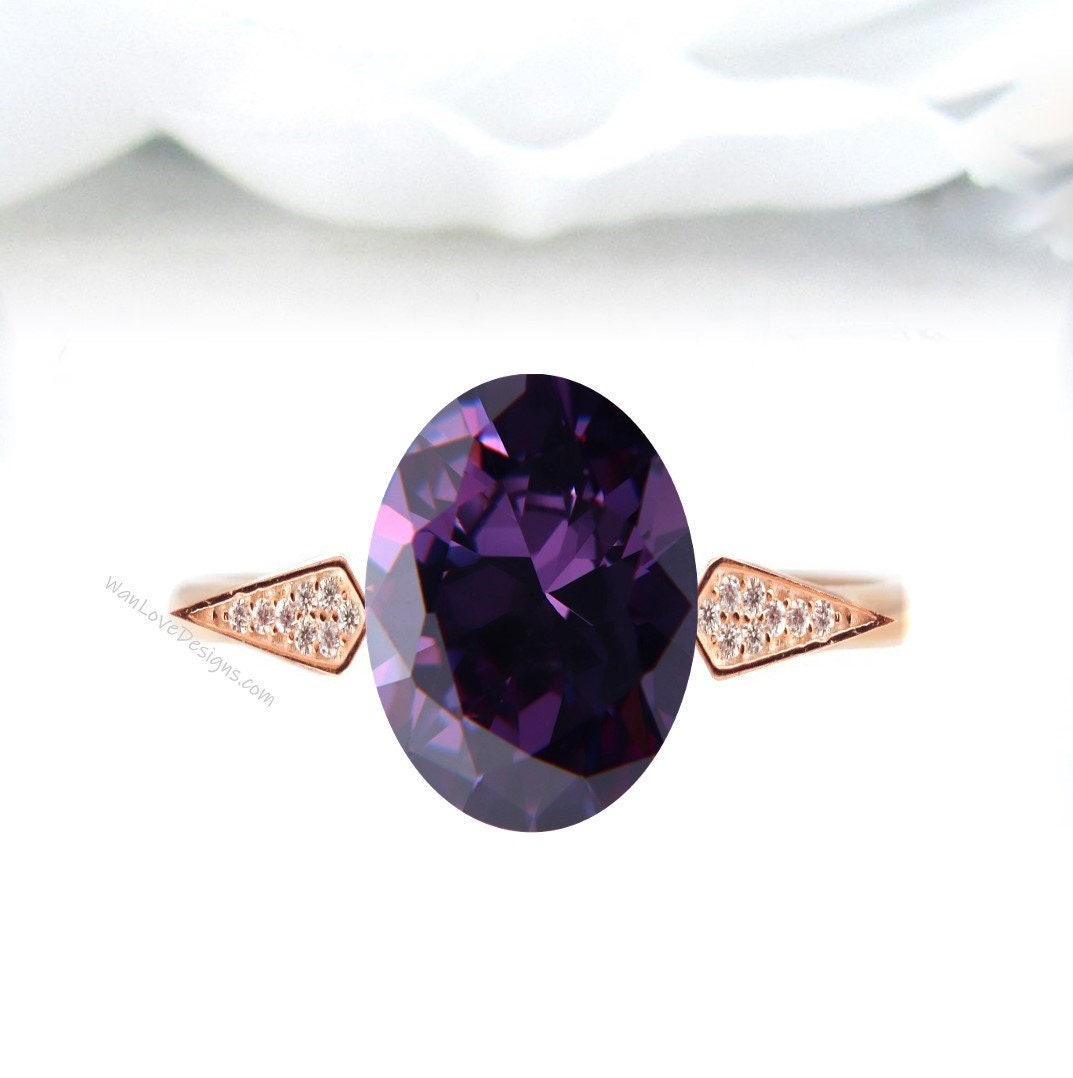 Purple Alexandrite color Sapphire Oval engagement ring vintage Rose gold Cluster women Kite Pave Diamond wedding Bridal Anniversary gift Wan Love Designs