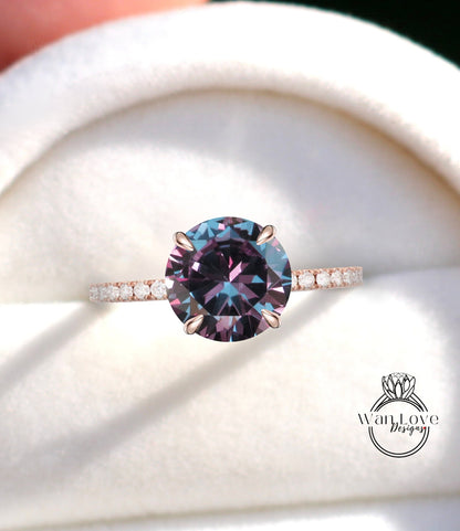 Purple Color Change Alexandrite Color Sapphire & Diamond prongs Basket Round Engagement Ring, Side Halo, Hidden, 3/4 Almost Eternity, Custom, Wedding, Anniversary Wan Love Designs