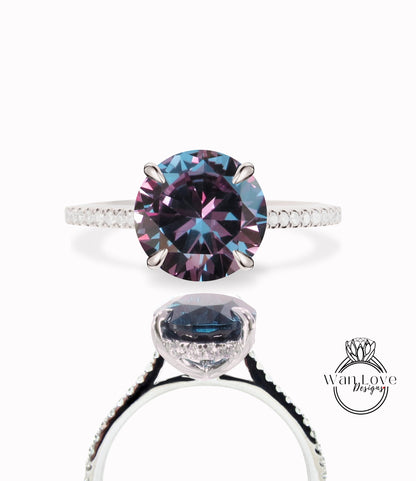 Purple Color Change Alexandrite Color Sapphire & Diamond prongs Basket Round Engagement Ring, Side Halo, Hidden, 3/4 Almost Eternity, Custom, Wedding, Anniversary Wan Love Designs