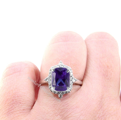 Purple Color Change Alexandrite Sapphire & Diamond Elongated Cushion Floral Halo Engagement Ring, Wedding-Anniversary-14k 18k Gold, Platinum Wan Love Designs