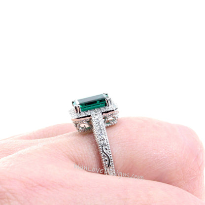 Purple Color Change Sapphire & Diamond Halo Antique Filigree Emerald Engagement Ring 14k 18k  Gold Platinum Wedding Anniversary Gift Wan Love Designs