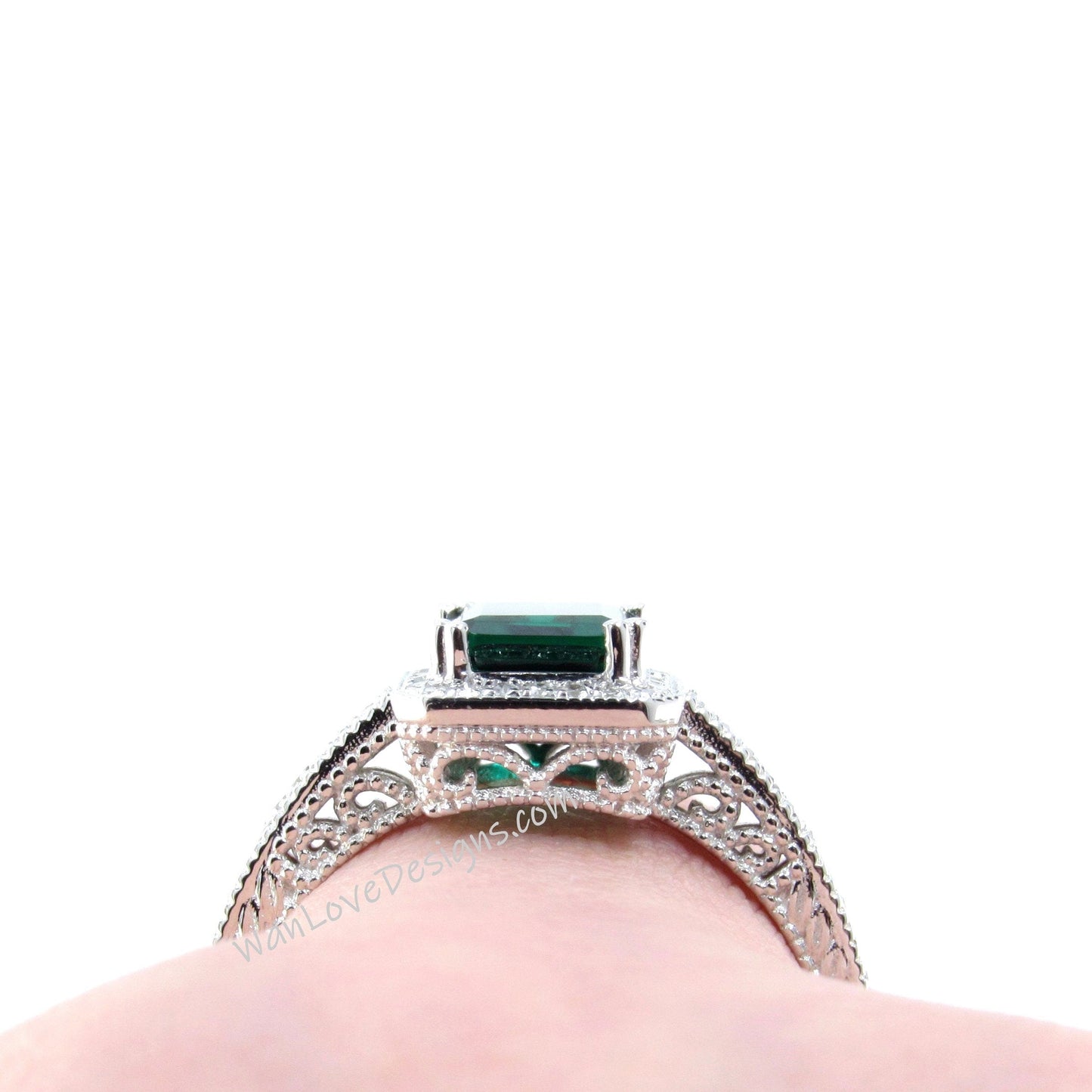 Purple Color Change Sapphire & Diamond Halo Antique Filigree Emerald Engagement Ring 14k 18k  Gold Platinum Wedding Anniversary Gift Wan Love Designs