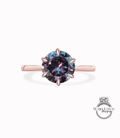 Purple Sapphire Alexandrite Color Change 6 Prong Engagement Ring, Solitaire, Round, 14k 18k White Yellow Rose Gold-Platinum-Custom-Wedding Wan Love Designs