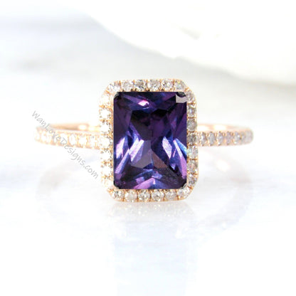 Purple Sapphire Alexandrite Color Change & Diamond Emerald Halo Engagement Ring Low 14k 18k White Yellow Rose Gold Platinum Custom Wedding Wan Love Designs