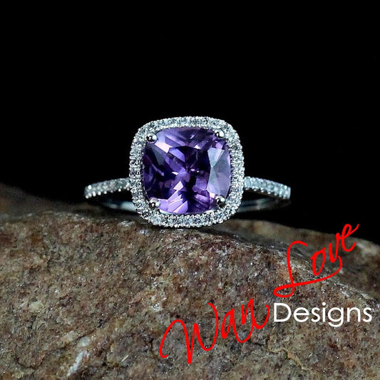 Purple Sapphire Alexandrite Color Change & White Sapphire Cushion Halo Engagement Ring-3ct-8mm-Anniversary Gift-Wedding-Ready to ship Wan Love Designs