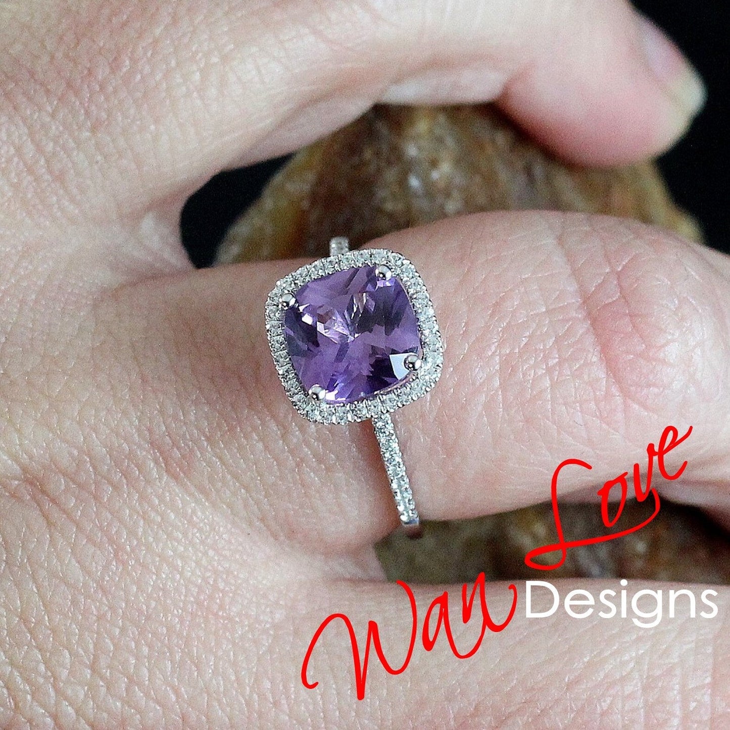 Purple Sapphire Alexandrite Color Change & White Sapphire Cushion Halo Engagement Ring-3ct-8mm-Anniversary Gift-Wedding-Ready to ship Wan Love Designs