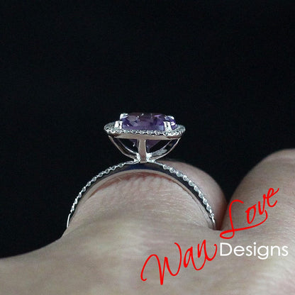 Purple Sapphire Alexandrite Color Change & White Sapphire Cushion Halo Engagement Ring-3ct-8mm-Anniversary Gift-Wedding-Ready to ship Wan Love Designs