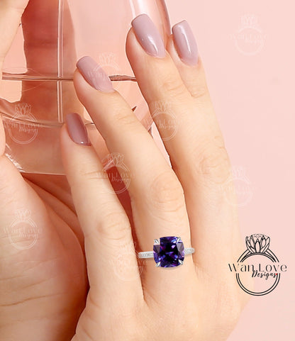 Purple Sapphire Alexandrite Color & Diamond Cushion Engagement Ring-3/4 Eternity Ring-Purple-3 side Shank-3ct-8mm-Custom-Wedding-Anniversary Wan Love Designs