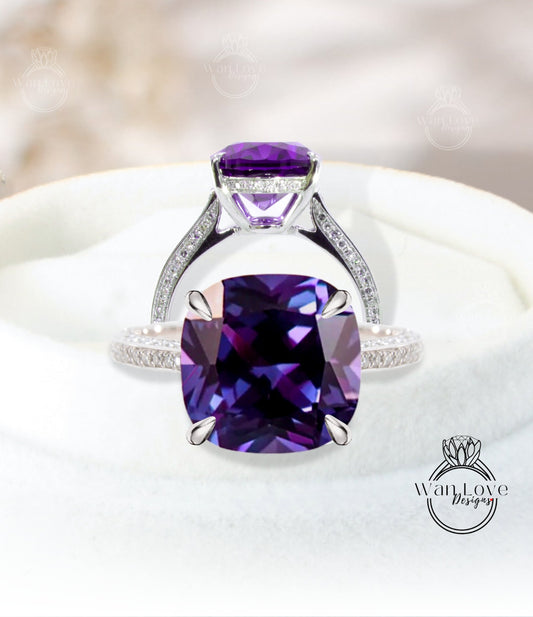 Purple Sapphire Alexandrite Color & Diamond Cushion Engagement Ring-3/4 Eternity Ring-Purple-3 side Shank-3ct-8mm-Custom-Wedding-Anniversary Wan Love Designs