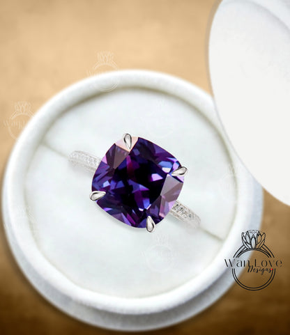 Purple Sapphire Alexandrite Color & Diamond Cushion Engagement Ring-3/4 Eternity Ring-Purple-3 side Shank-3ct-8mm-Custom-Wedding-Anniversary Wan Love Designs