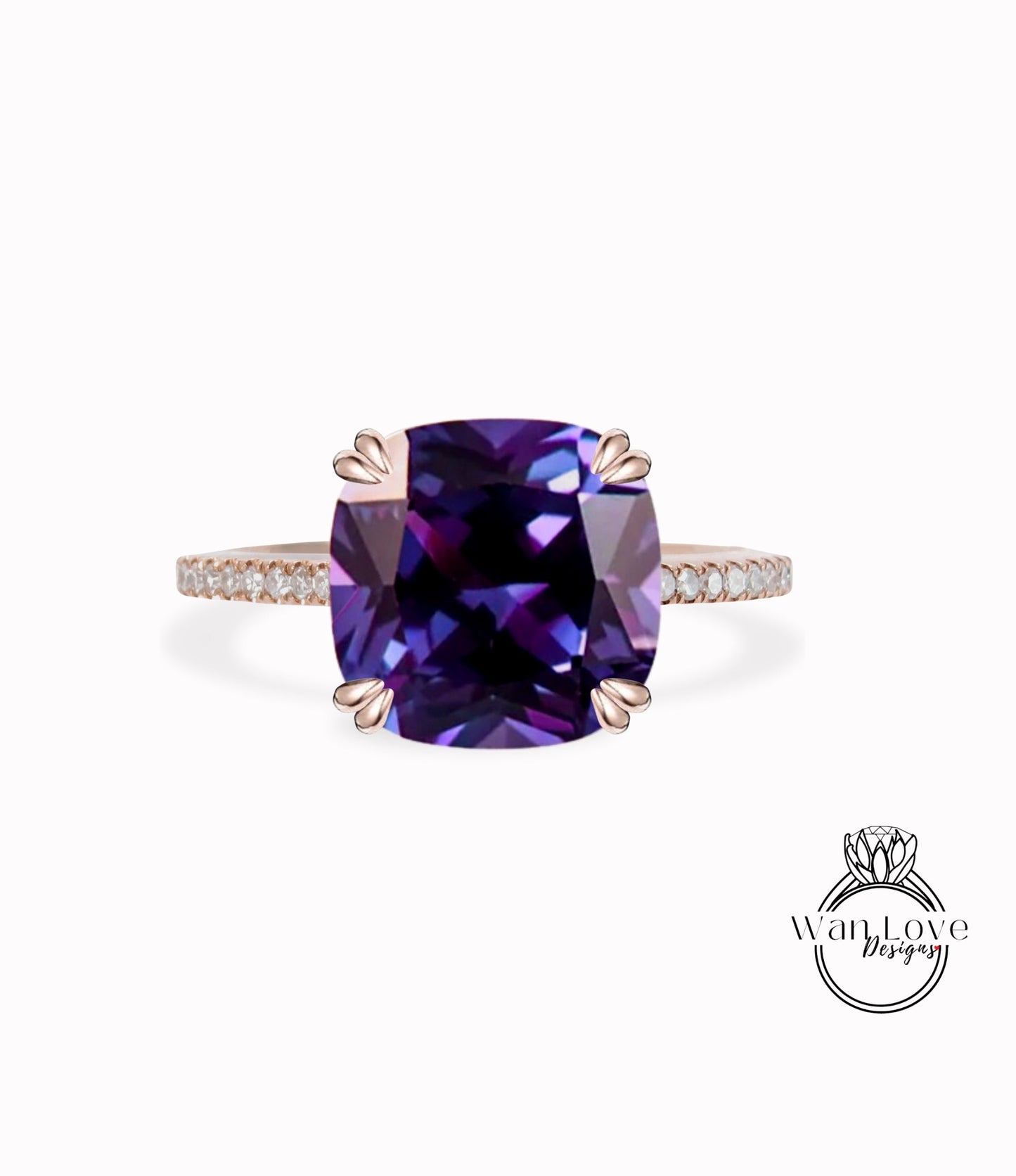 Purple Sapphire Alexandrite Color & Diamond Cushion Engagement Ring, Custom, Wedding, Anniversary, 14k 18k White Yellow Rose Gold, Platinum Wan Love Designs