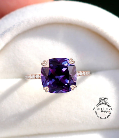 Purple Sapphire Alexandrite Color & Diamond Cushion Engagement Ring, Custom, Wedding, Anniversary, 14k 18k White Yellow Rose Gold, Platinum Wan Love Designs